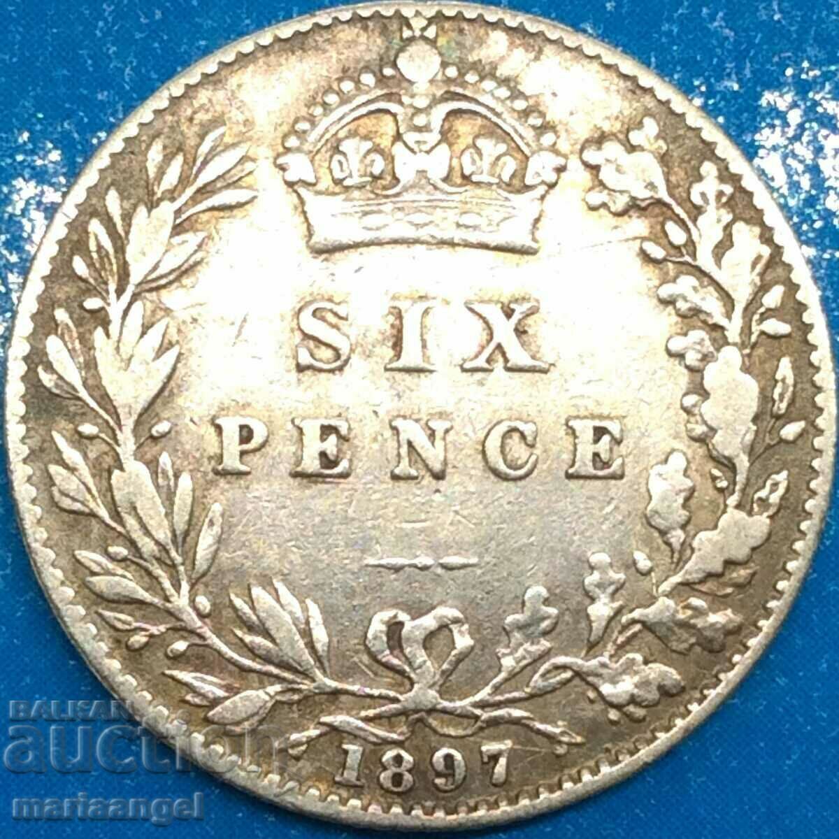 Παράδοση Μεγάλη Βρετανία 6 πένες 1897 Victoria Silver - Rare