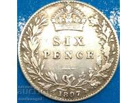 Marea Britanie 6 Pence 1897 Victoria Silver - Rar