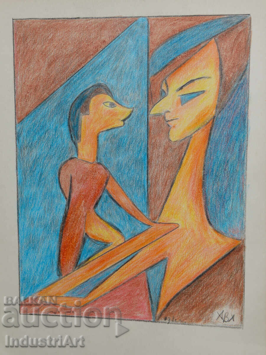 Auction  Contemporary Art Painting Pastel Abstract Portrait Couple