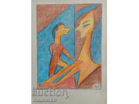 Artă contemporană tablou pastel portret abstract cuplu