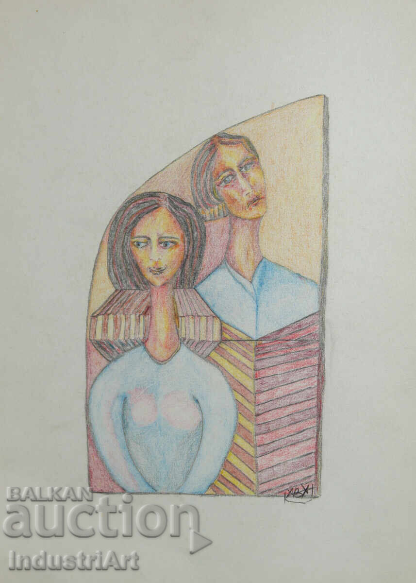 Artă contemporană tablou pastel portret abstract cuplu cu preț 100.00 BGN | € 51.13