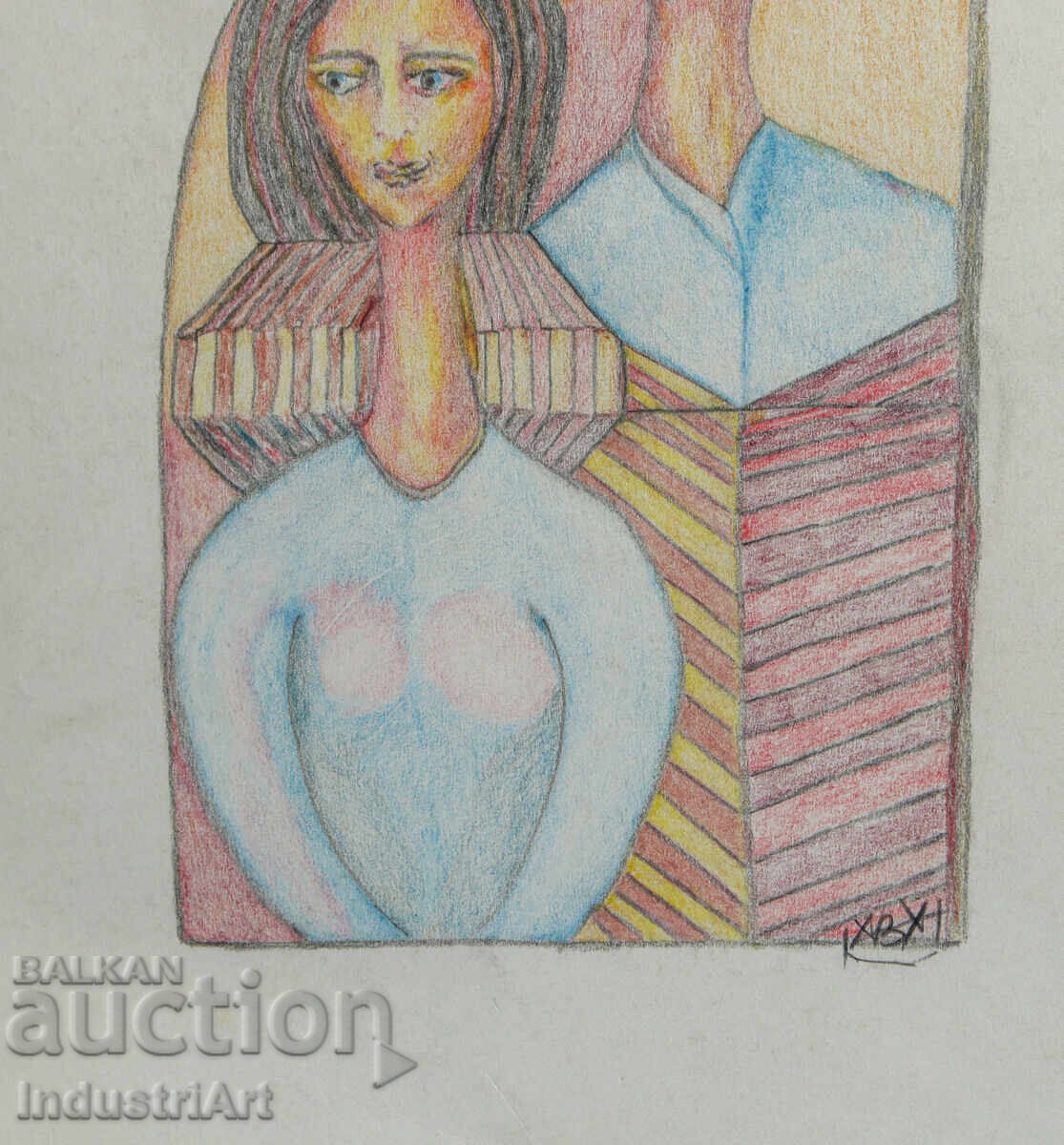 Artă contemporană tablou pastel portret abstract cuplu - 5