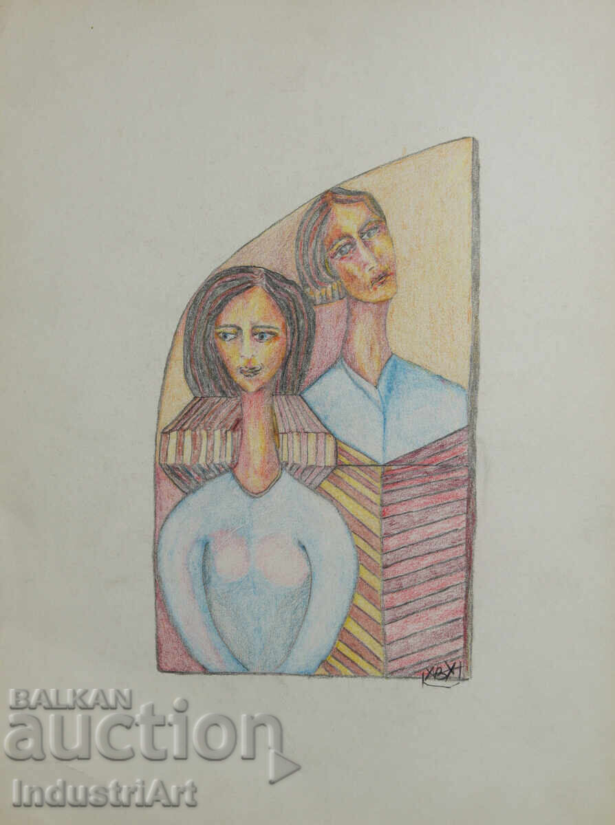 Artă contemporană tablou pastel portret abstract cuplu