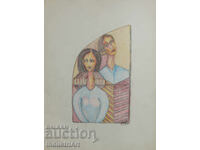 Artă contemporană tablou pastel portret abstract cuplu