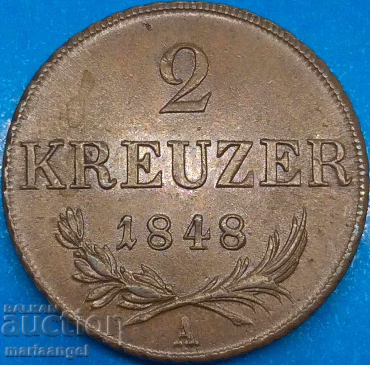 Licitație 2 Kreuzers 1848 Austria A - Viena30mm 16.95g bronz - calitate Licitație 2 Kreuzers 1848 Austria A - Viena30mm 16.95g bronz - calitate