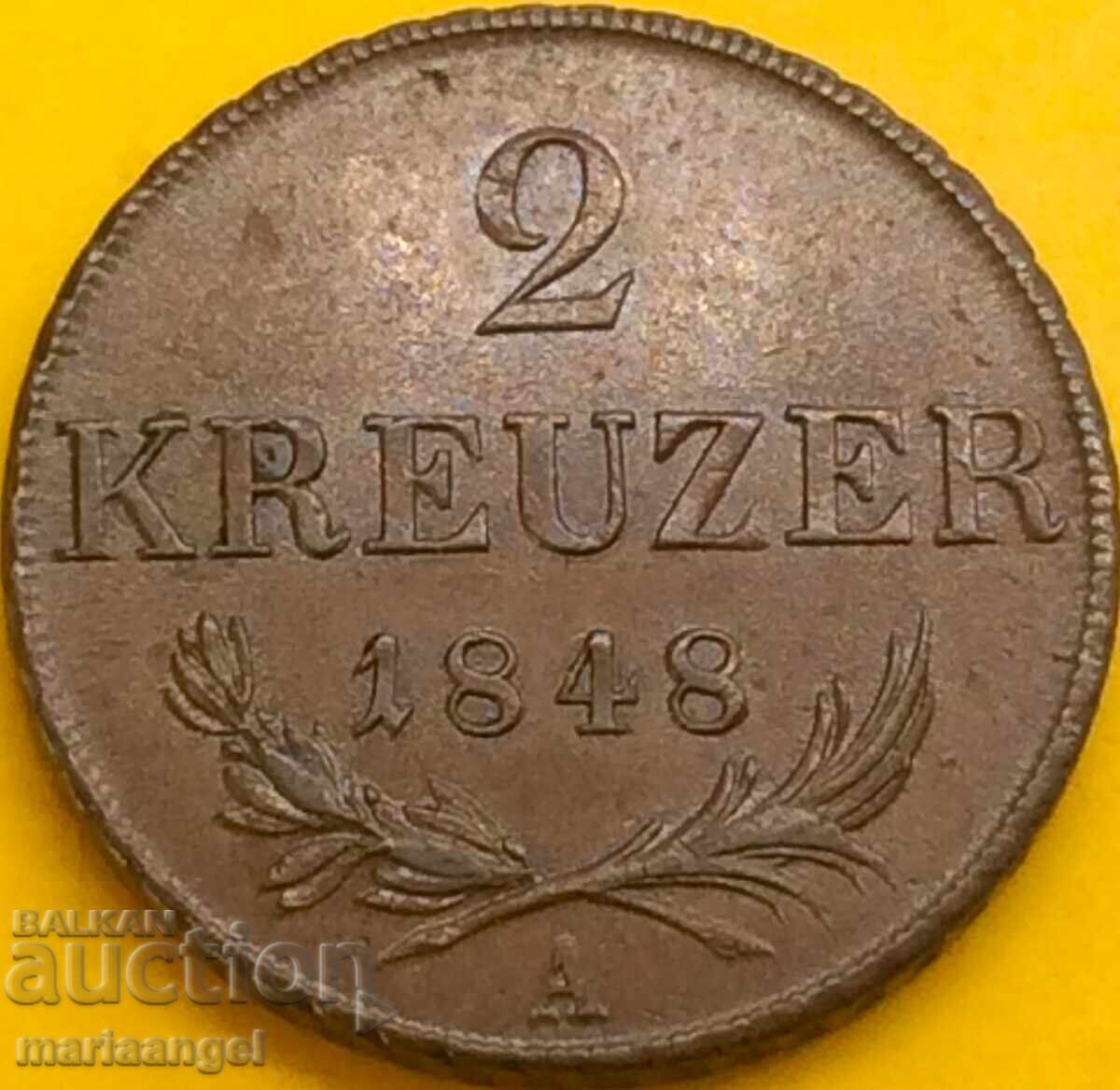 2 Kreuzers 1848 Austria A - Viena30mm 16.95g bronz - calitate - 5 2 Kreuzers 1848 Austria A - Viena30mm 16.95g bronz - calitate - 5