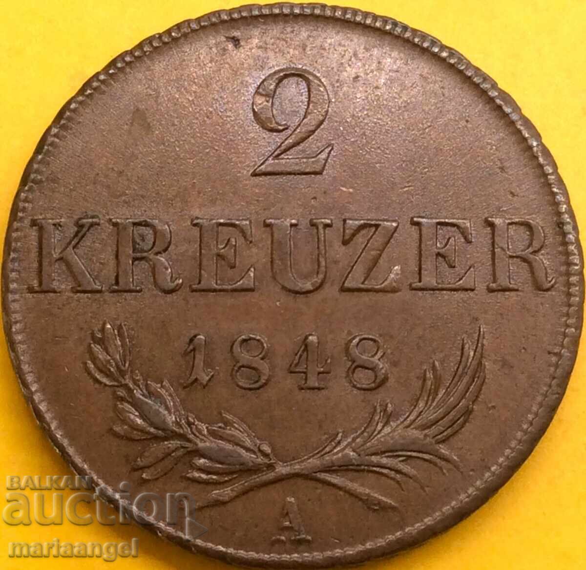 2 Kreuzers 1848 Austria A - Viena30mm 16.95g bronz - calitate - 7 2 Kreuzers 1848 Austria A - Viena30mm 16.95g bronz - calitate - 7