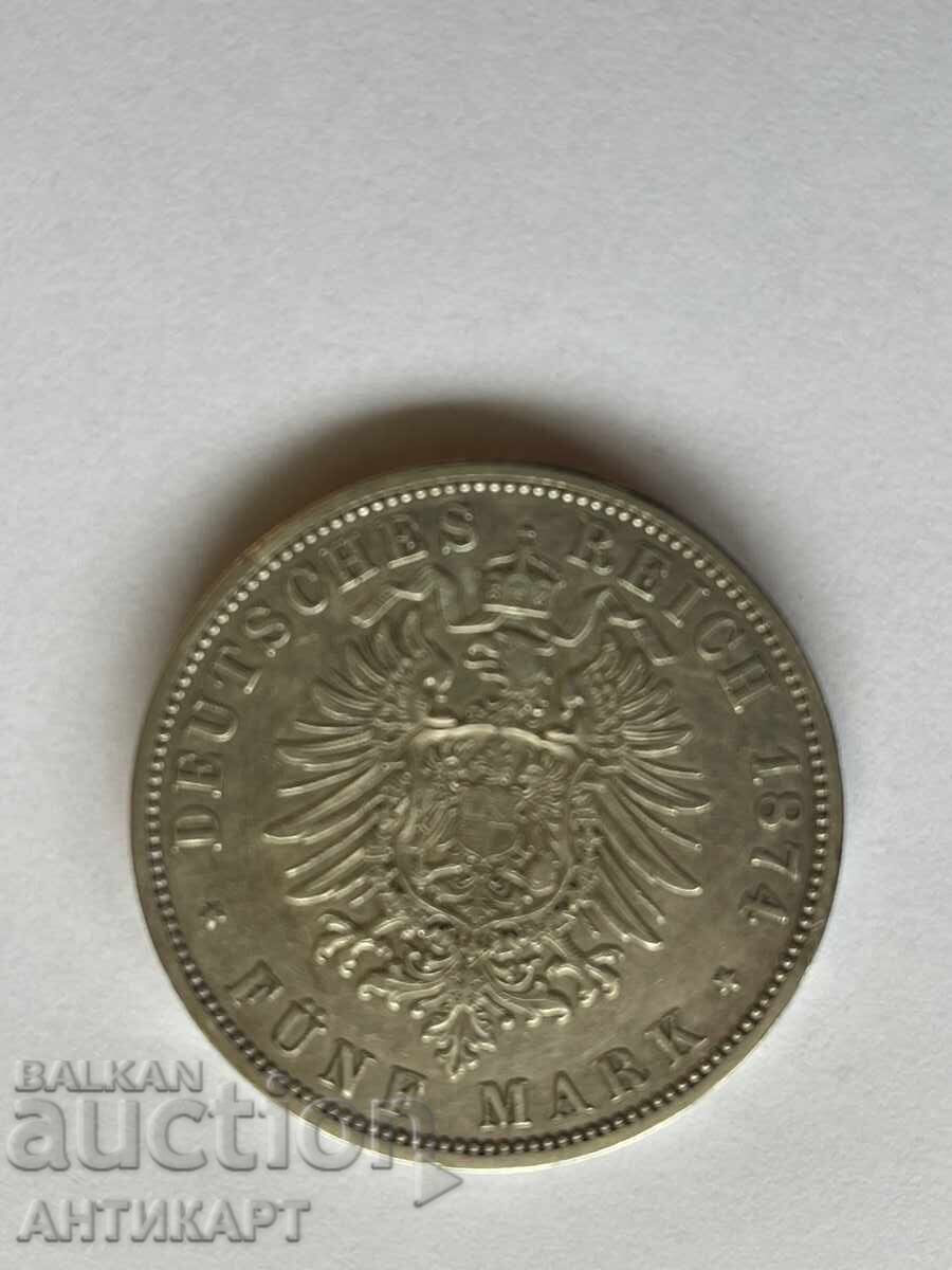 Germany Rare Silver Coin 5 Marks 1874 Prussia Silver Germany Rare Silver Coin 5 Marks 1874 Prussia Silver