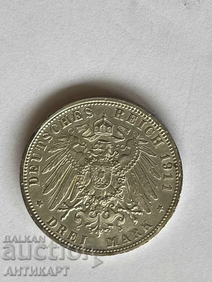 Auction  Germany Silver Coin 3 Mark 1911 Bavaria Leopold Silver