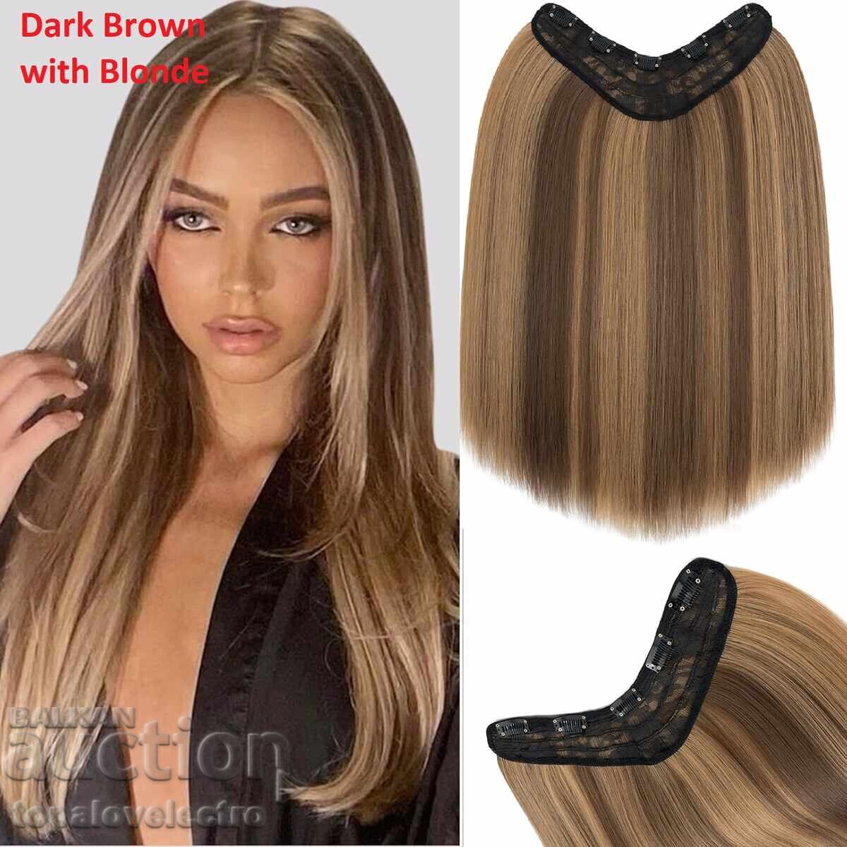 НОВИ! Синтетични екстеншъни за коса, тъмно кафяво с русо, дъ