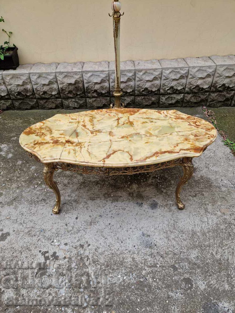 Masa de cafea belgiană antică superbă, bronz, onix