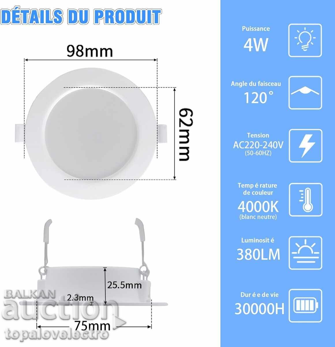 NEW! LED recessed spotlights, 98mm, 4W, 6 pcs/set with price 14.00 BGN | € 7.16