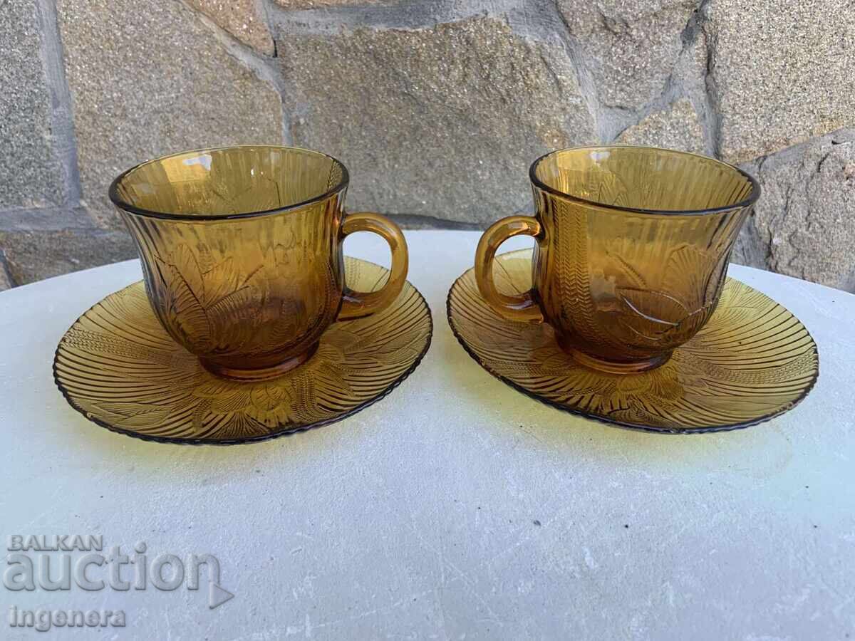 COLORED GLASS BOWL RELIEF PLATE COFFEE TEA MARKED - 2 PCS