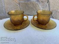 PAHAR STICLĂ COLORAT RELIEF FARFURIE CAFEA CEAI MARCATE - 2 BUC