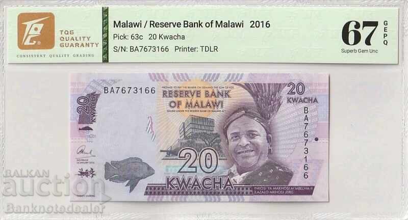 Μαλάουι 20 Kwacha 2016 Pick 63c 67 EPQ Superb Gem Unc Ref 116