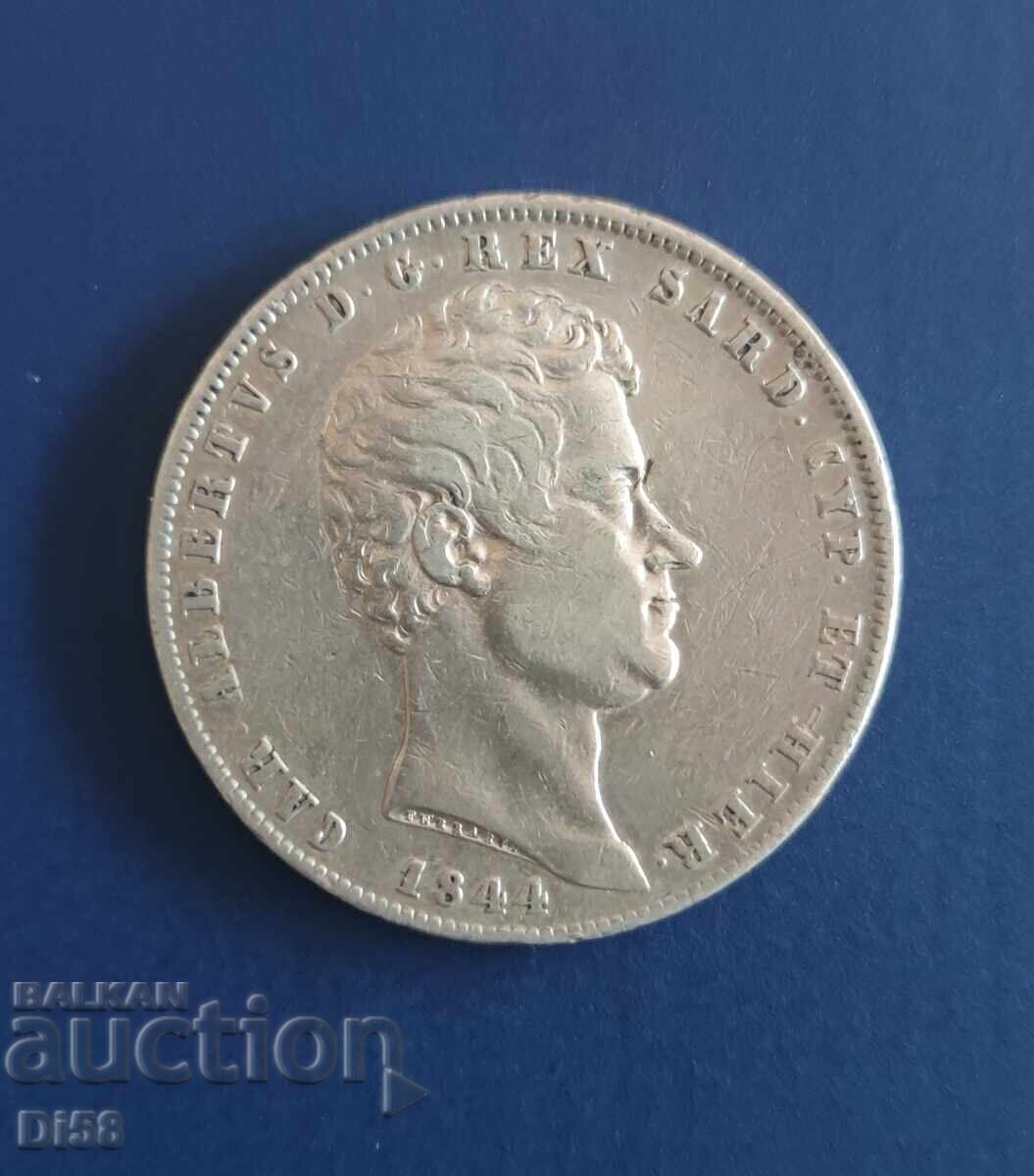 Monedă de argint Italia Regatul Sardiniei 5 Lire 1844 BZC cu preț 225.00 BGN | € 115.04