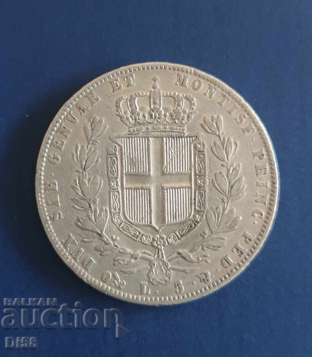 Monedă de argint Italia Regatul Sardiniei 5 Lire 1844 BZC