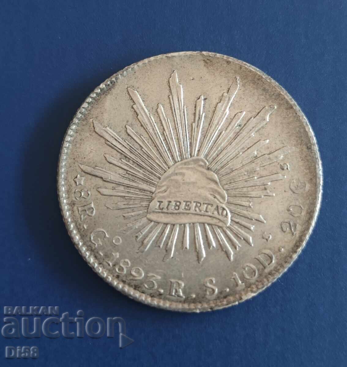 Monedă Rară de Argint Mexic 8 Reales 1893 BZC