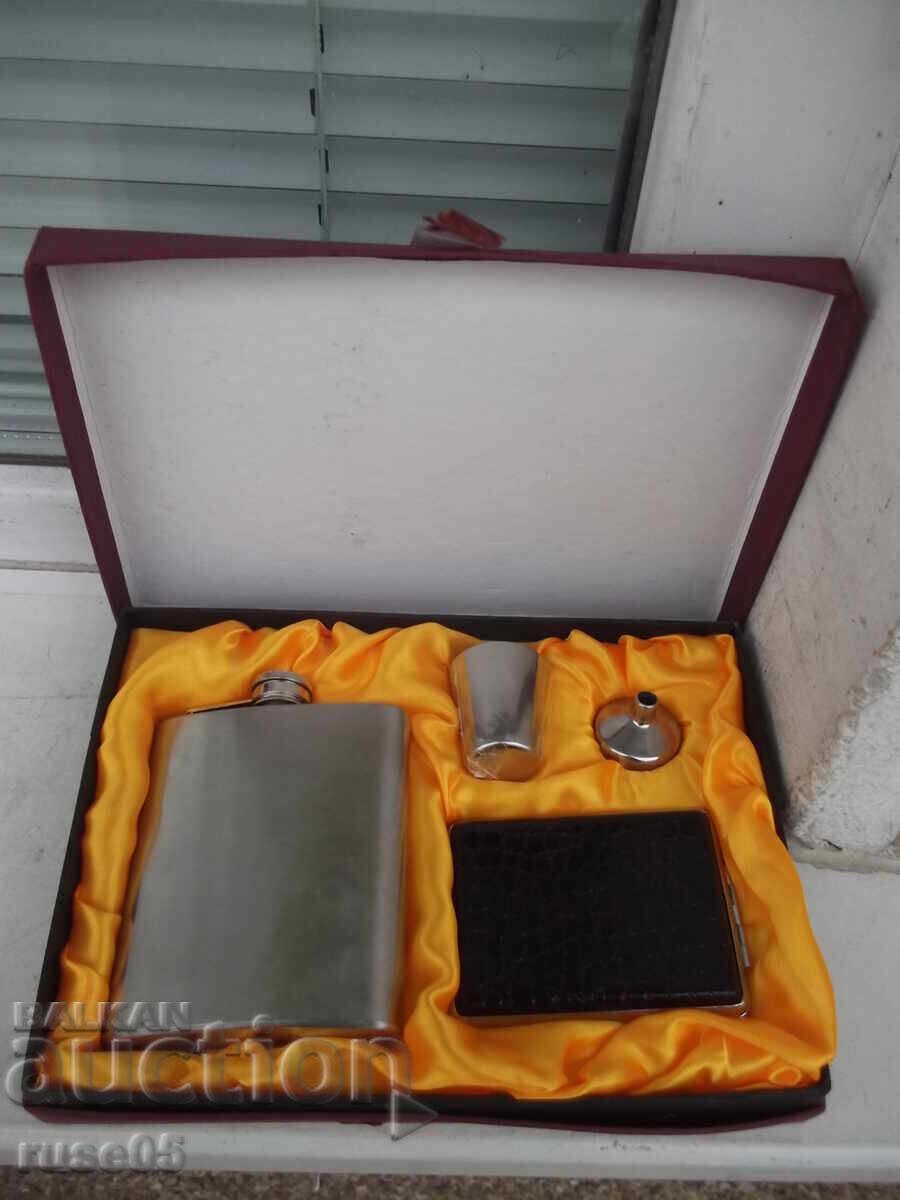 Set of bottle, cup, dispenser, and metal snuffbox, new