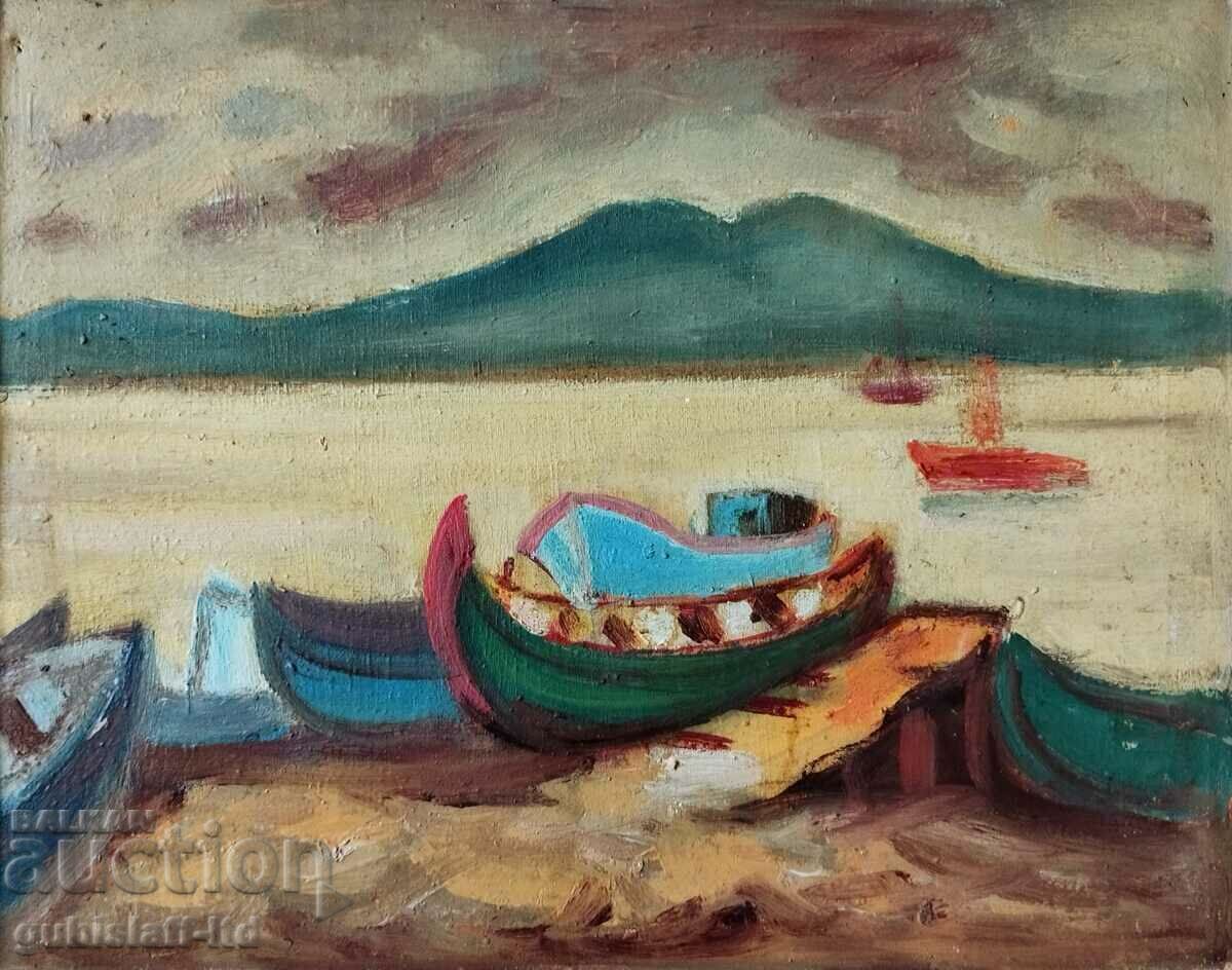 Picture, sea, boats, art. Boris Kraev, 1980s with price 160.00 BGN | € 81.81