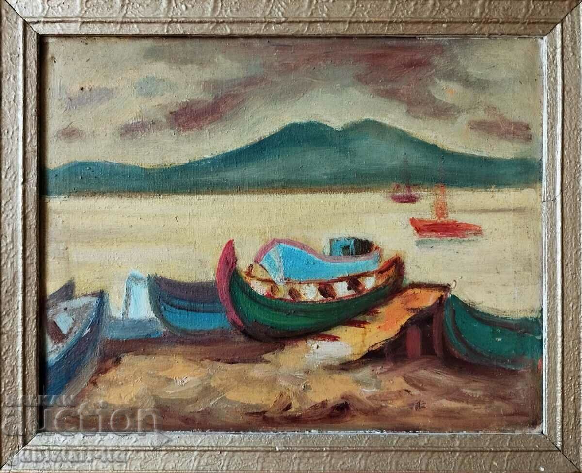 Picture, sea, boats, art. Boris Kraev, 1980s