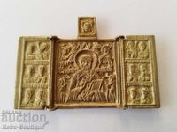 Old bronze icon, triptych, St. Nicholas the Wonderworker