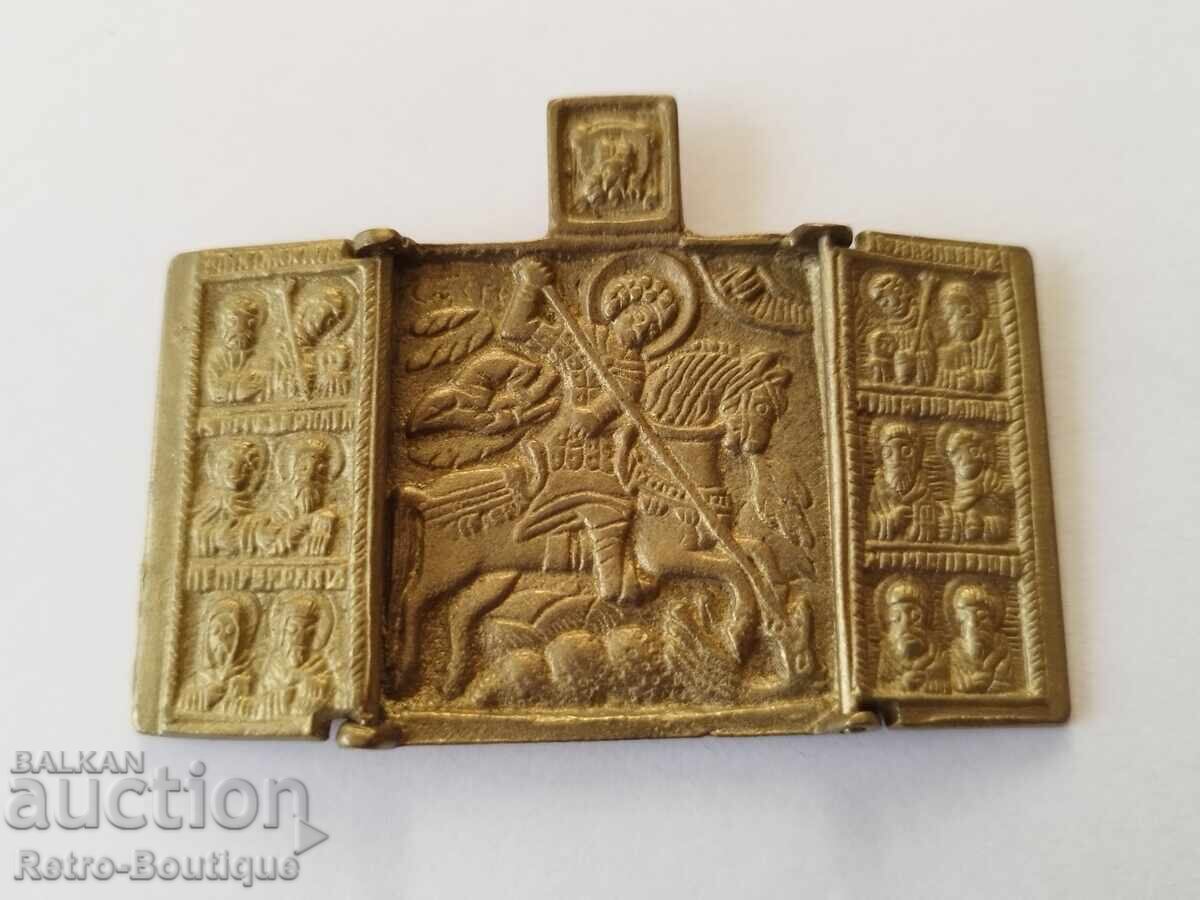 Old, pocket, bronze icon, triptych, St. George