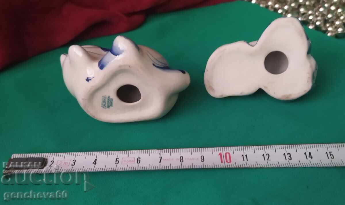 Руски порцеланови фигури Лазурит котка и кученца,маркировка - 5 Руски порцеланови фигури Лазурит котка и кученца,маркировка - 5