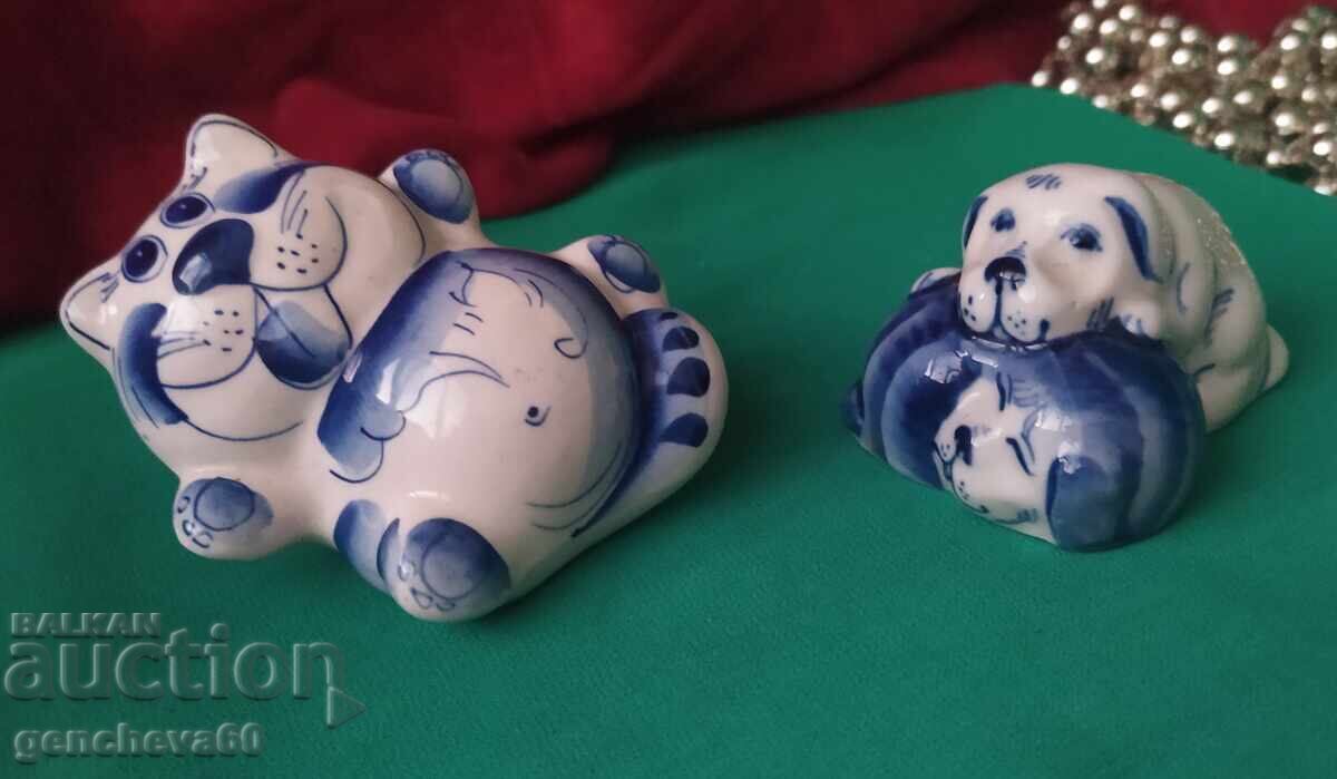 Руски порцеланови фигури Лазурит котка и кученца,маркировка Руски порцеланови фигури Лазурит котка и кученца,маркировка