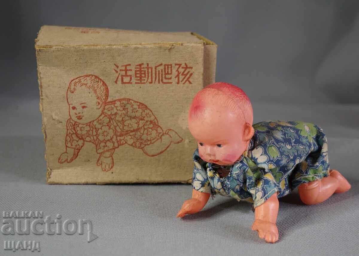 Old Japanese mechanical toy figure doll baby with box