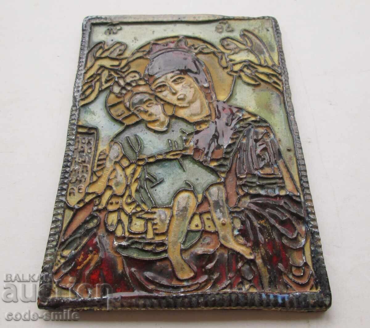 Veche icoană ceramică a Sfintei Fecioare Maria cu Pruncul - 7