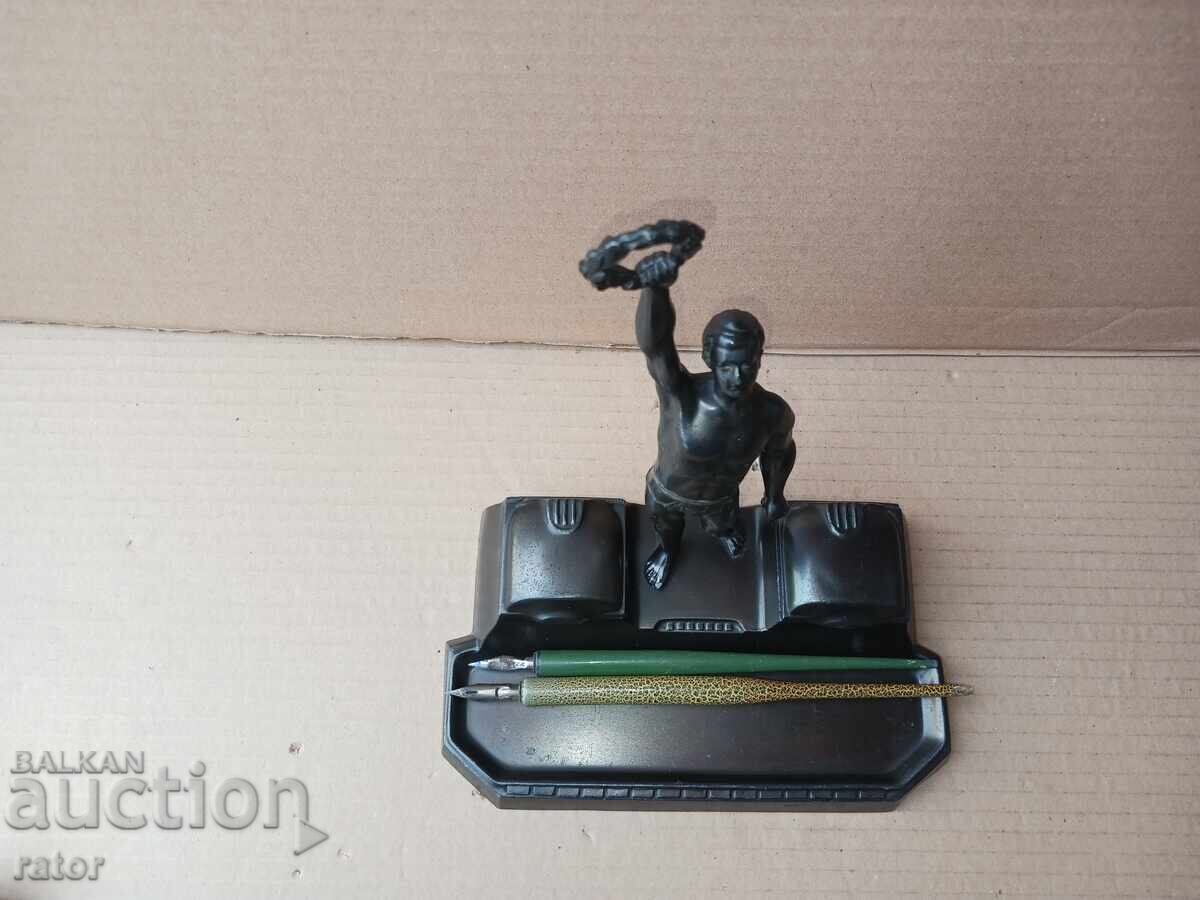 Παλαιό μεταλλικό μελανοδοχείο - ΟΛΥΜΠΙΟΣ, αγαλματίδιο, στυλό διαρκείας με τιμή 99.00 BGN | € 50.62