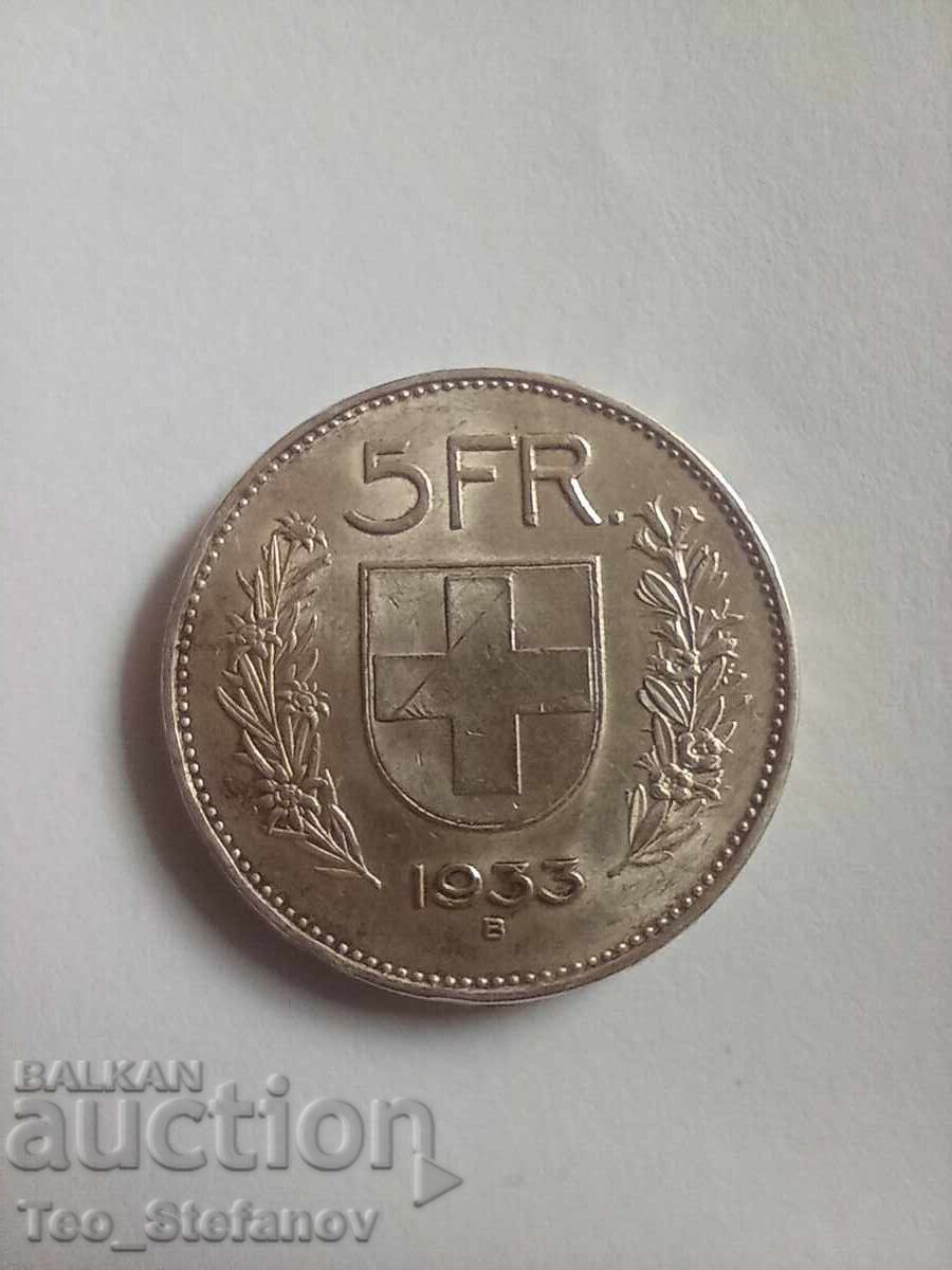 5 Franci 1933 AU Elveția argint 5 Franci 1933 AU Elveția argint