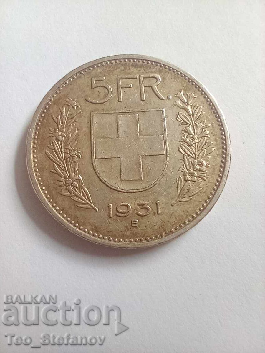5 Franci 1931 Elveția argint