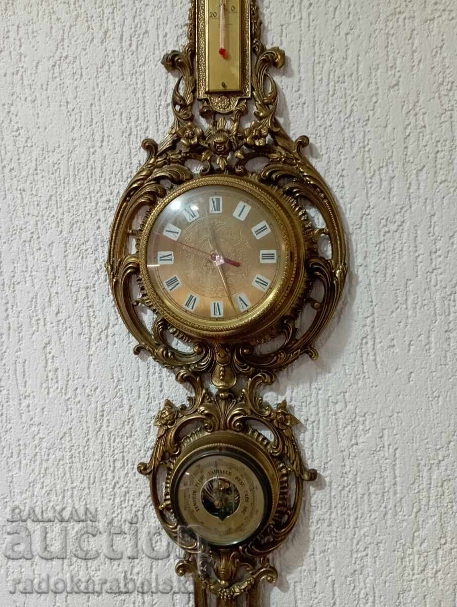 Auction Bronze weather station with clock, thermometer, barometer, and hygrometer Auction Bronze weather station with clock, thermometer, barometer, and hygrometer