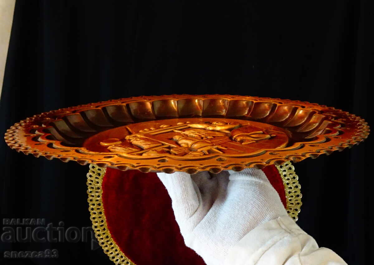Auction  Copper panel, plate, relief picture Grandma and Grandchild in front of the fireplace