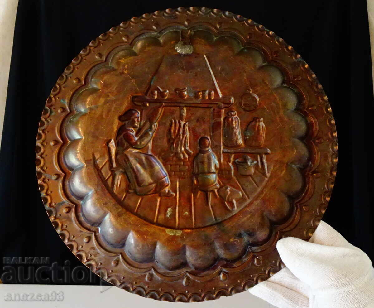 Delivery of Copper panel, plate, relief picture Grandma and Grandchild in front of the fireplace