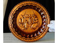 Panou de cupru, farfurie, tablou în relief Bunică și Nepot în fața șemineului