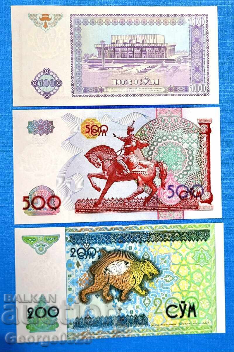 Uzbekistan 1994 1997 1999 100 200 500 Sum UNC New 3 pieces with price 3.49 BGN | € 1.78
