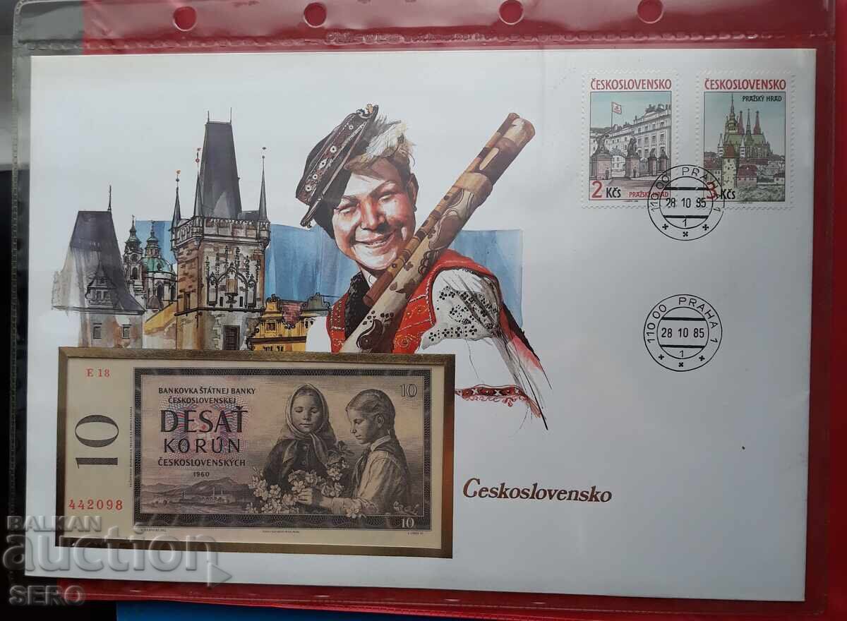 Czechoslovakia - 10 Korun banknote 1960 and postage stamps in a kr. envelope Czechoslovakia - 10 Korun banknote 1960 and postage stamps in a kr. envelope