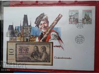 Czechoslovakia - 10 Korun banknote 1960 and postage stamps in a kr. envelope