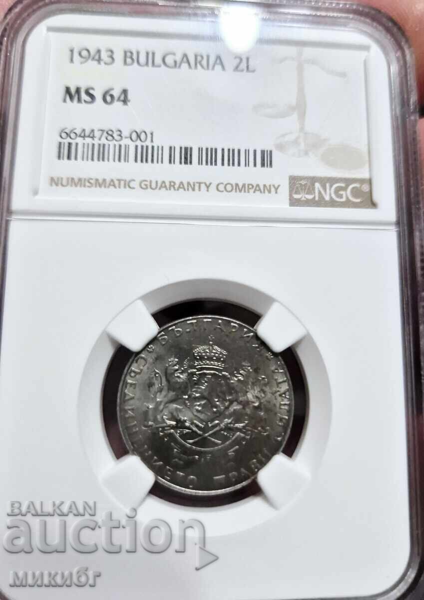 2 лева 1943 MS64 NGC 2 лева 1943 MS64 NGC