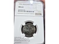 2 лева 1943 MS64 NGC
