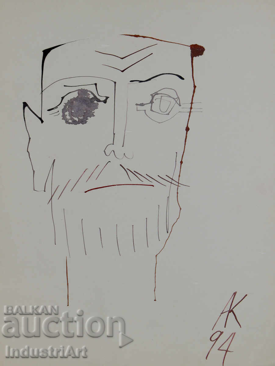 1994 Modern Art Ink Abstract Male Portrait