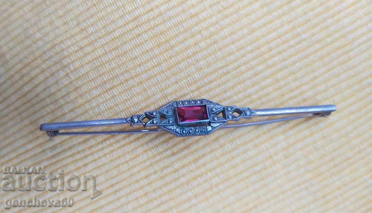 Broșă veche de argint cu marcasite, piatră roșie - 5