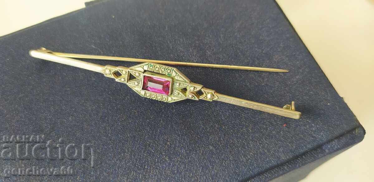 Broșă veche de argint cu marcasite, piatră roșie - 7