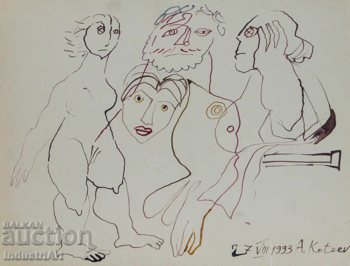 Auction  1993 Abstract Art Ink Drawing Nude Body