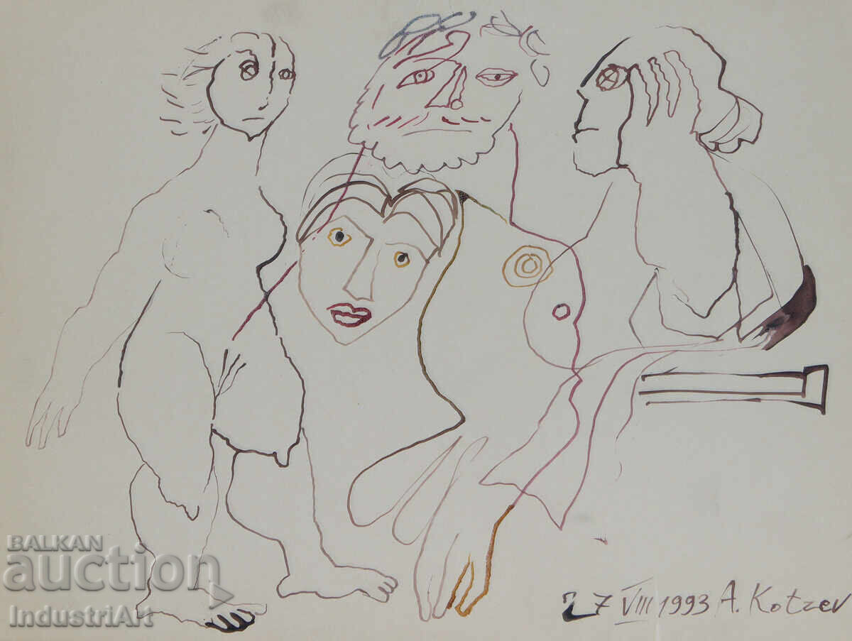 1993 Abstract Art Ink Drawing Nude Body