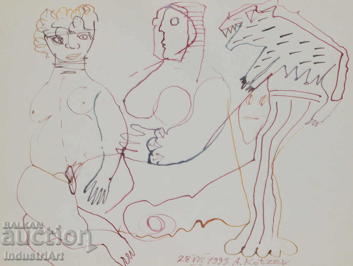 Licitație 1993. Desen de artă abstractă cu tuș, figuri