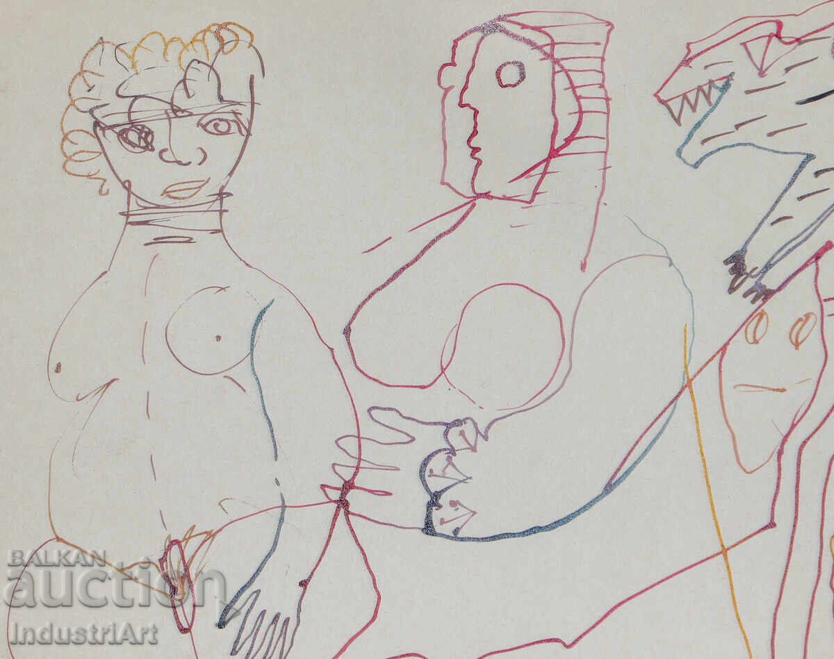 Livrarea 1993. Desen de artă abstractă cu tuș, figuri